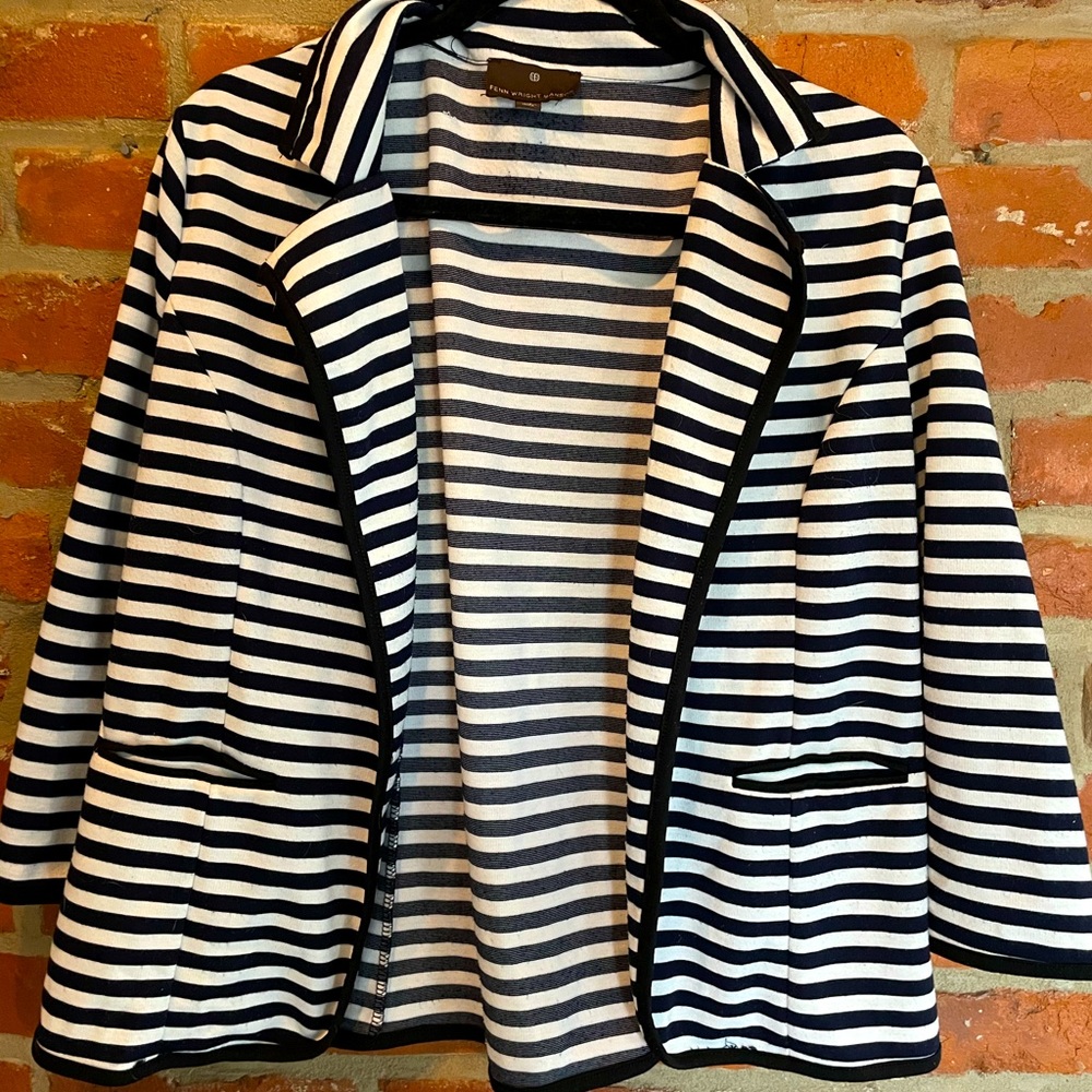 Navy Blue and White Striped Cotton Blazer